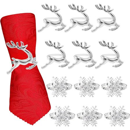 Juleservietringe - 12 stk. - Elg & Snefnug - Sølvservietring