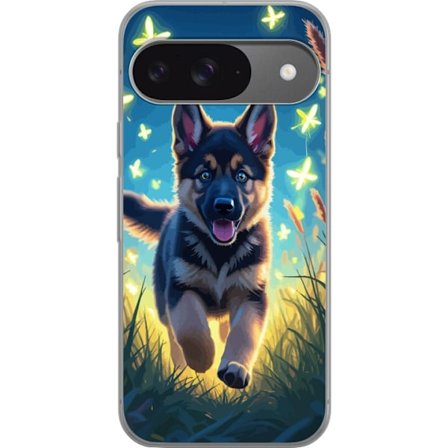 Kompatibelt Mobilskal till Google Google Pixel 9 Tysk schäfer valp affisch valp hund hoppar äng fjärilar söt hund illustration blå nattkonst