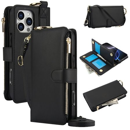 Etui til iPhone16E sort ring multifunktionel pung kortholder bælte crossbody rem