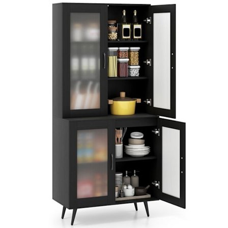 Buffet de Cuisine 178,5 cm COSTWAY, 4 Gennemsigtige Døre, Justerbar Hylde, Metalben, Opbevaringsmøbel til Stue, Sort