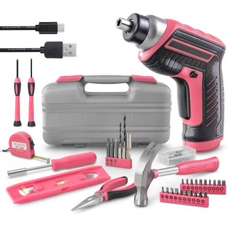 Rosa 3,6V Elektrisk Skruvdragare, Sladdlös Borrskruvdragare med Verktygsset, Förvaringsväska Inkluderar Hammare, Tång, Borr, Skruvmejsel och Bits