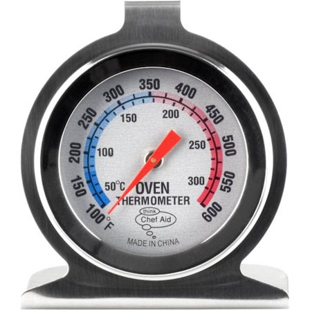 Ugnstermometer i rostfritt stål för användning med varmluftsugn, gasugn, pizzaugn, airfryer eller spis. Kan hängas eller stå inuti ugnen, lättläst 