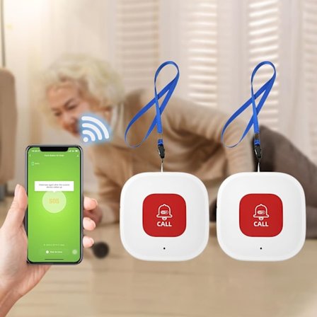 2025 Senaste Modell 2-pack WiFi Vårdgivare Larmknapp för Äldre Hemma med App-avisering, Äldreövervakning, Vårdgivarpager, Livslarm
