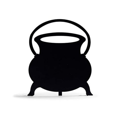 Halloween-noita-siluetti, taottu rauta, musta noidan kattila, mustat pihamerkit, pelottava perheen koti