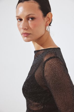 NA-KD Long Sleeve Glitter Mesh Top - Festtoppe - Sort - M