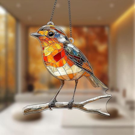 Akryylinen lintu, käsinmaalattu lasinen aurinkokenno, riippuva puutarhan aurinkokenno, punarinta oksalla.
