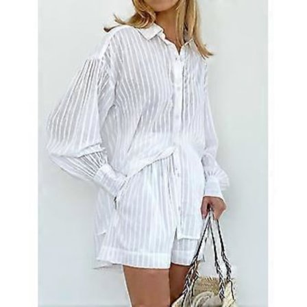 Höst- och vinterdamkläder Randig Bubbelärm Shorts Känsla Lediga Outfit-set (S Vit)