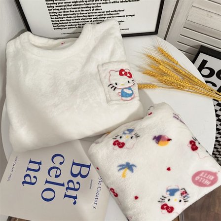 Mub- Flanellpyjamas kvinnlig söt höst vinter loungewear White KT cat