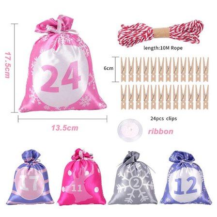 Julekalender Satengpose Sett Glidelås 1-24 Jul Sateng Sett - Rosa_MGF