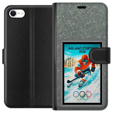 Yhteensopiva Lompakkokotelo Apple iPhone 6 Curlingkuvitus pelaajilla ja kivillä jäällä, Milano Cortina 2026, lumisia roiskeita ja olympiasormukset