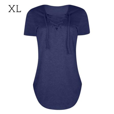 Dam T-shirt V-hals Snörning Topp Kortärmad Causal Lös