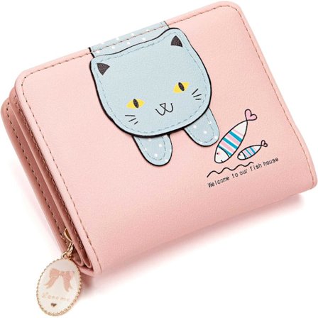 PU skinnveske, liten søt kattemønster med glidelås og kontant-ID-kredittkortholder for barn jenter kvinner gave (rosa)