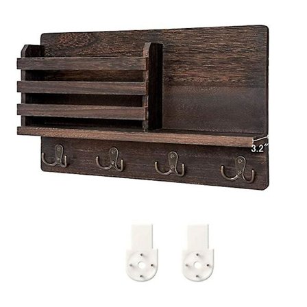 Mailholder i Træ - Post Sorteringsorganisator Med 4 Dobbelte Nøglekroge Og En Flydende Hylde - Rustik Hjem