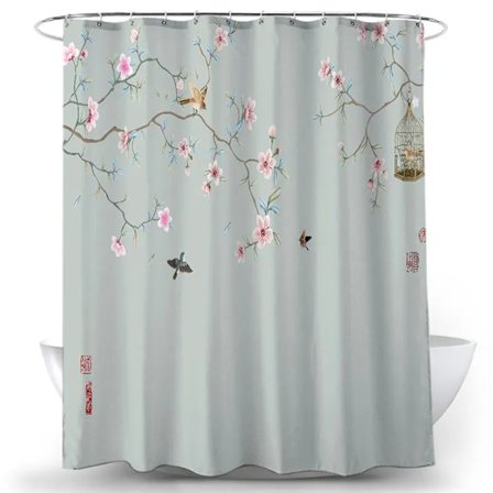 Vattentätt Duschdraperi Blommor och Fåglar 3D-tryckt Tyg Badrumsinredning Dekorativt Duschdraperi, 200X180CM