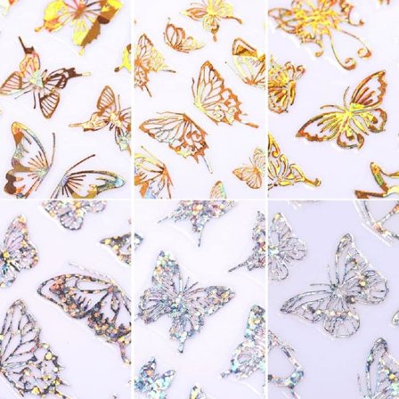 3 ark holografiska 3D fjärils nagelkonst DIY-klistermärken, laserguld & silver AB färgform klistermärke dekoration sliders