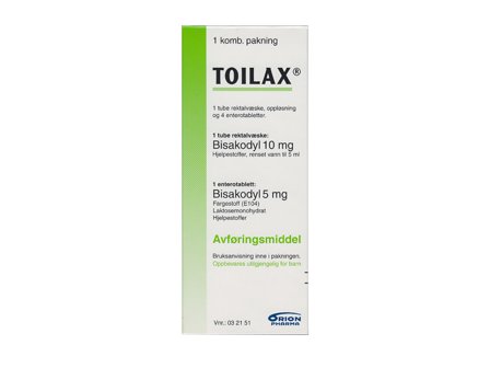 Toilax 5 mg tabletter + 10 mg/5 ml rektalvæske, 4 stk. + 1 stk.