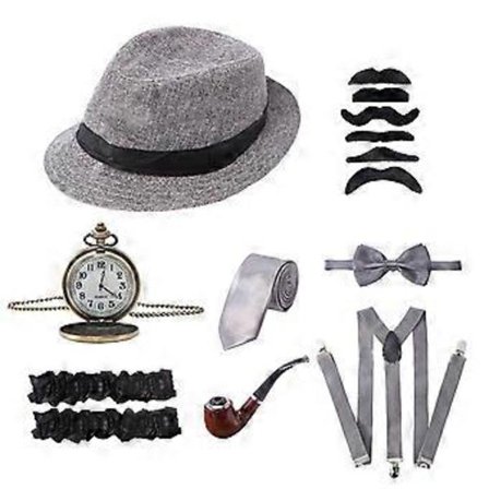 1920 Herr Gatsby Kostym Tillbehör Set Med Panama Gangster Hatt Skägg