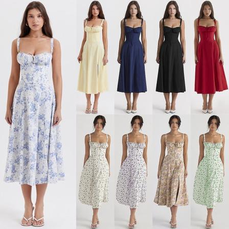 Kvinders Carmen Print Bustier Kjole Blomster Boho Midi Kjole Damer Sommer Strand Swing Sommerkjole (FMY) Mini LED Skirt One Size