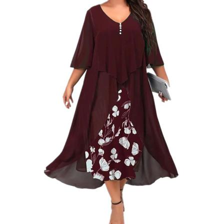 Dam Print Halv Ärm V-hals Falska Två Delar Klänning