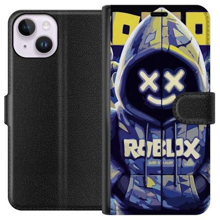 Kompatibelt Lommeboketui til Apple Apple iPhone 15 Blågul Roblox hettegenserfigur med minimalistisk neonstil og masket ansikt, moderne spillillustras