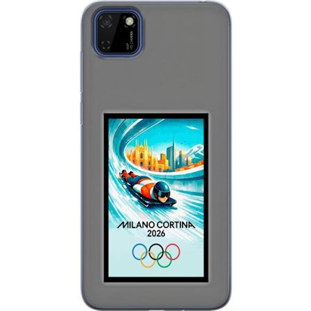 Kompatibelt Mobildeksel til Huawei Y5p Dynamisk bobslede eller skeletonkjører i iskanal med Milano Cortina 2026, bysilhuett og olympiske ringer