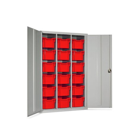 Lockable storage cupboard with trays, 18 trays, 1830x1120x457 mm, red