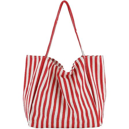 Dames Stribet Canvas Skuldertaske, Strandtaske Stor Kapacitet Rød Pinstripe