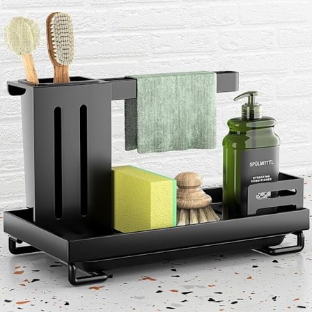 Svart vaskorganisator med dryppebrett, rustfritt stål svamp- og oppvaskklutholder, ekstra forsterket vaskorganisator