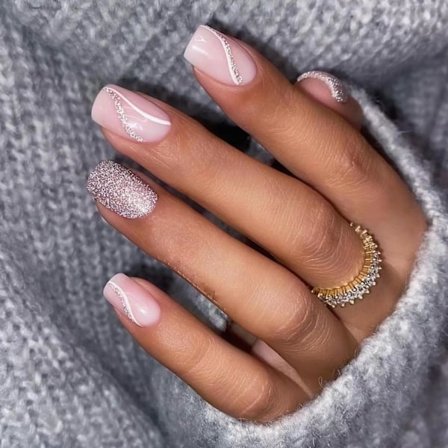 24 stk. falske negle - Almond Square Press on Nails - Fuld dækning falske negle med lim - Franske falske negle Stick on Nails (sølvrosa hvide linjer)