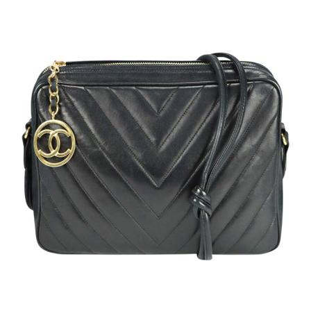 Chanel Vintage Pre-owned Chevron Shoulder Tas Lambskin , Zwart , Dames , Maat: ONE Size Vintage Tassen