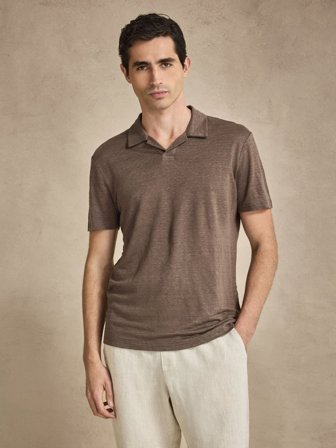 John Henric Men's Taupefarbenes Slim Fit Polo Leinen Size XL