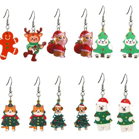 Julgransörhängen med djur, söta katt-, apa-, hund-, ko- och björnberlocker, öronkrokar, smyckestillbehör för tjejer till nyår