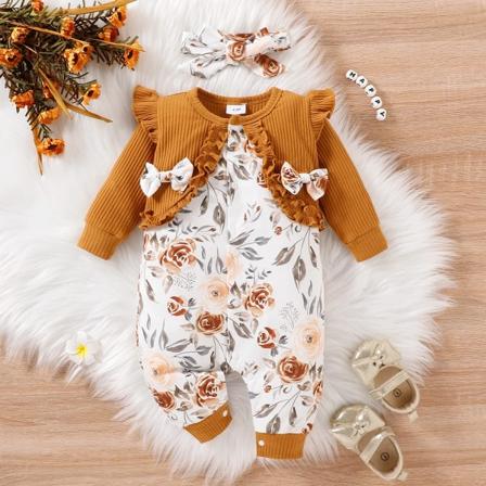 2st Baby Girl 95% bomull Faux-två ribbstickad volangkant rosett Front Print Jumpsuit med Pannband Set Brown 0-3Months