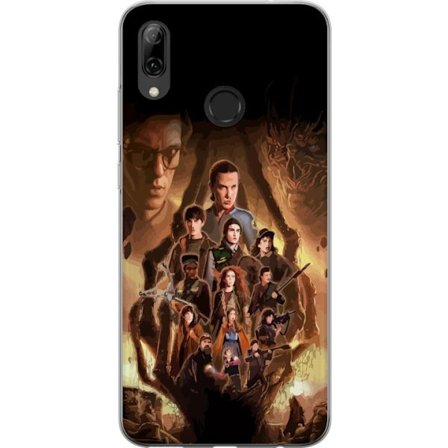 Kompatibelt Mobildeksel til Huawei P smart 2019 Gruppportrett av heltene i Stranger Things med et mørkt fantasy-miljø og en truende skapning i bakgr