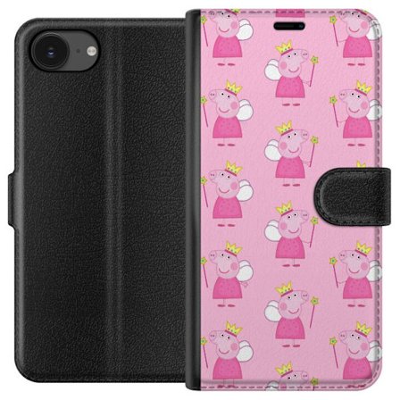 Yhteensopiva Lompakkokotelo Apple iPhone 16e Greta Gris ja Peppa Pig dinosauruksella ja eläimillä, leikkisä piirretty lasten kohtaus sinisellä taustal