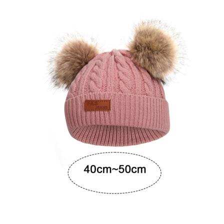Toddler , Färg Vinter Dubbel Pom Pom Stickad Keps-mörkrosa