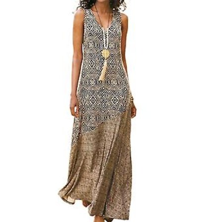 Fianao Kvinders Løstsiddende Kjole Vintage Geometrisk Print V-Hals Ærmeløs Kjole til Strand (XL Khaki)