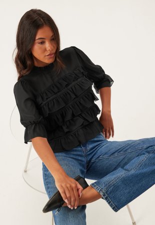 BUBBLEROOM - Frill Short Sleeve Blouse - L