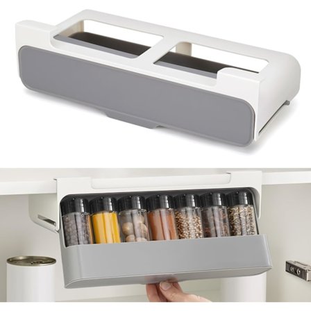 Krydderhylle med 6 krydderglass, uttrekkbar krydderhylle, kjøkkenhylle, krydderhylle uten boring (32 x 9,5 x 13,5 cm)