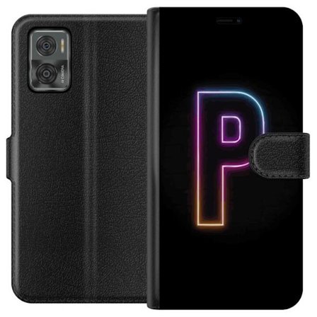 Kompatibel Tegnebogsetui til Motorola Motorola Moto E22i Minimalistisk neonbogstav P i farvegradient og lyseffekt mod sort baggrund i digital neonstil