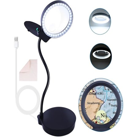 10X 20X Dæmpbar lup med 36 LED-lys, stor håndfri lup med lys og stativ, 5,1-tommer linse, kraftig base