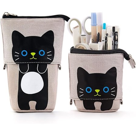 Sød tegneserie kat stand up blyant, kat penalhus til piger, stor letvægts lærredsholder til børn studerende voksne piger drenge gaver