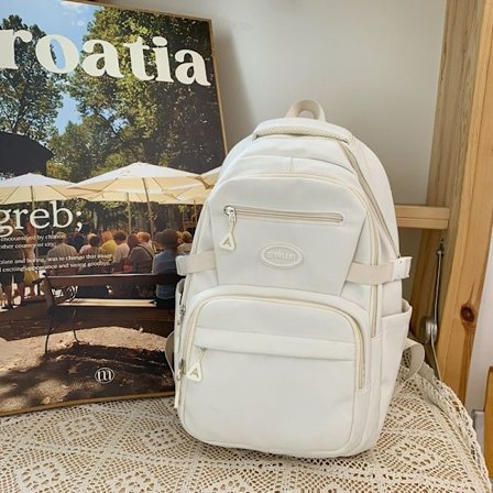 Enkel skoletaske til studerende, allround, dame, enkel allround, stor kapacitet, lille frisk skuldertaske, pige rygsæk - hvid