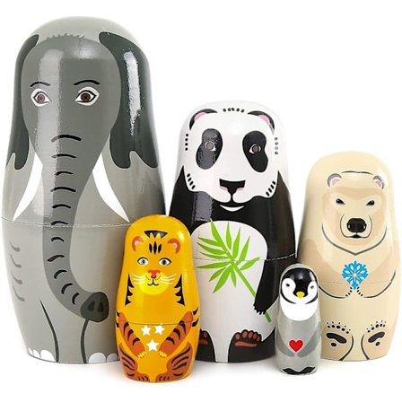 Handgjord trä djur ryska dockor elefant panda ryska dockor - 5 delar