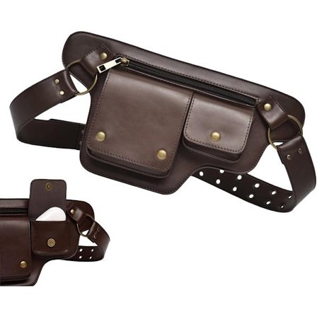 ING Pirat-inspirert unisex cosplay-veske i middelalderstil med flere rom og justerbar skulderrem, mørkebrunt skinnutside