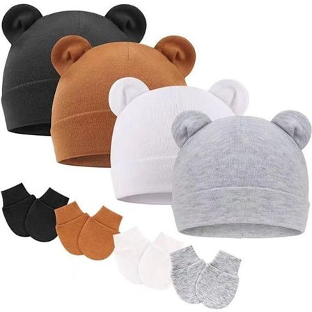 Nyfödda baby mössor & vantar set med björnöron, baby mössa utan repor, bomullsmössor