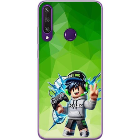 Kompatibelt Mobildeksel til Huawei Y6p Roblox-inspirert gamerfigur med headset, håndkontroll og energiske effekter mot grønn bakgrunn