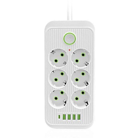 EU Grenuttag Multiprise 6 AC-uttag Elektriskt uttag med 4 USB 1 Type-C Nätverksfilter Snabb Cha