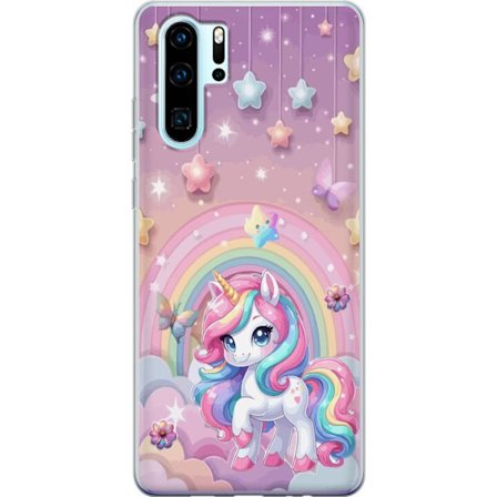 Kompatibelt Mobildeksel til Huawei P30 Pro Magisk enhjørning med regnbue manke, stjerner og sommerfugler mot en pastellhimmel med skyer