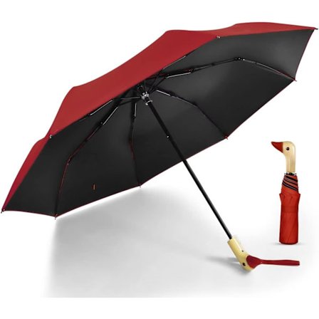 Kompakt liten paraply for regn og sol, søt design andehode paraply for jenter gaver, 8 ribber sammenleggbar paraply med trehåndtak